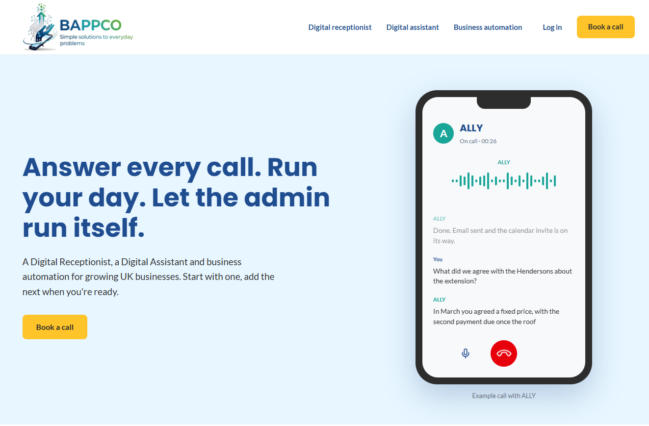 The BAPPCO business site: answer every call, run your day, let the admin run itself