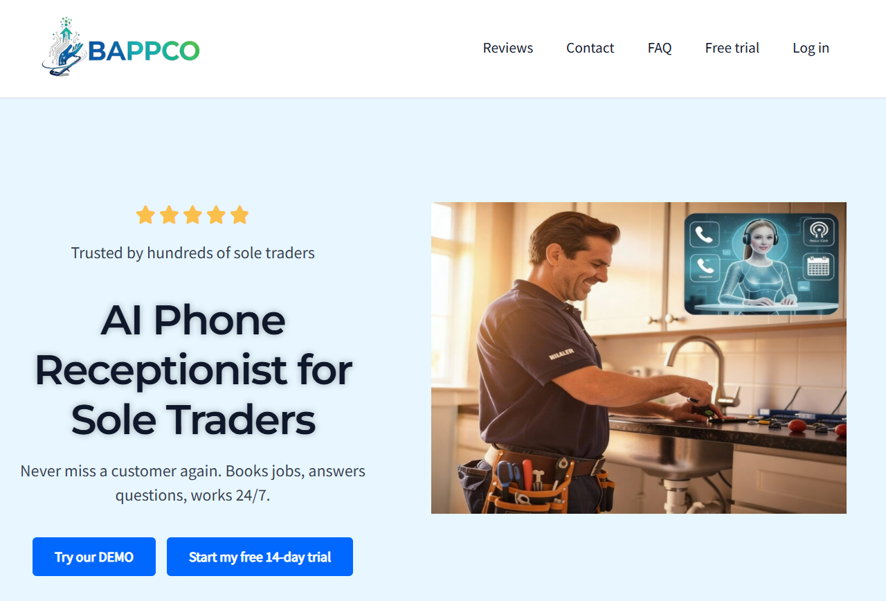 The BAPPCO trades page: AI Phone Receptionist for Sole Traders